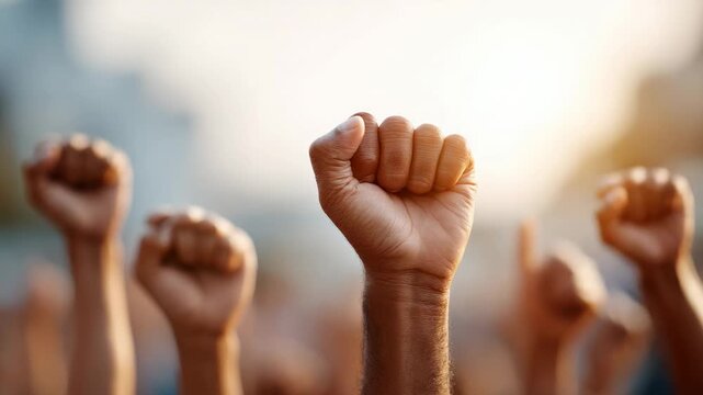 Raised fists signify unity and resistance during a protest, capturing the essence of solidarity and civil unrest in the face of immigration raids and ice actions
