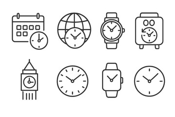 Variety of clock and time icons including calendar and global clock designs
