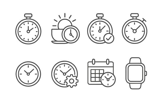 Set of outline icons featuring various clocks, stopwatch, calendar, and gear