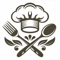 Chef's hat sits above a crossed fork and spoon icon with foliage