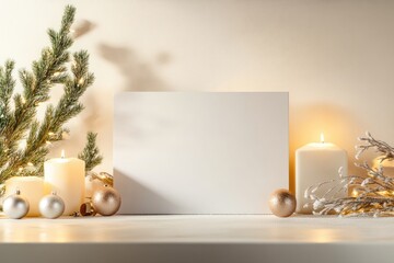 Fototapeta premium Elegant minimalist holiday scene with candles and gifts