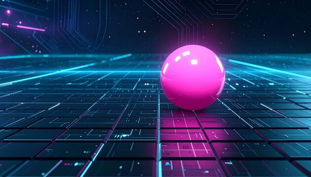 A shiny pink sphere sits atop a grid of dark squares in a glowing blue and purple digital environment with lines