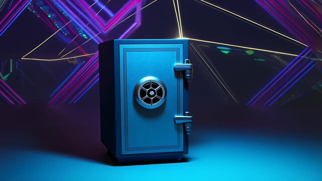 A sturdy blue safe with a combination lock is positioned on a turquoise surface with bright yellow and green geometric lines in the background, embodying the concept of secure storage