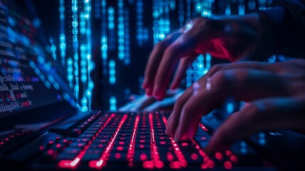 Faceless hands typing on keyboard, digital code matrix overlay, dark background.