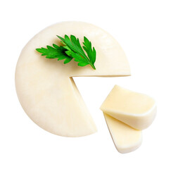 Cheese wheel suluguni with slices white background traditional dairy product top view