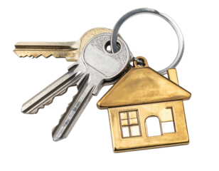  Bunch of metal keys with house-shaped keychain isolated on transparent background PNG