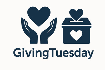 Flat solid color vector illustration for GivingTuesday featuring a heart in open hands and donation box icon. Bold text “GivingTuesday”, clean vector design, white background, stock-safe.