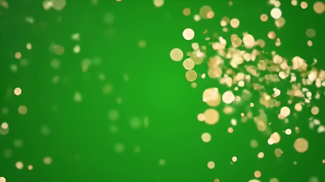 Abstract golden bokeh particles flowing on a vibrant green screen background, ideal for chroma key video overlay, special effects, and festive backdrops.