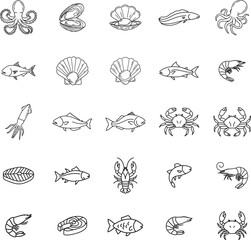 Obraz premium Seafood and Marine Life Restaurant Line Icon Set 