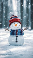 Obraz premium Joyful Snowman with Colorful Accessories in a Winter Wonderland Surrounded by Snowy Trees.