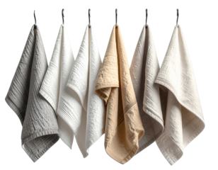 Firefly_A close-up view of textured kitchen towels in neutral tones hanging on a rack mounted 