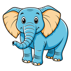 Friendly light blue cartoon elephant stands smiling with large ears and small trunk raised up