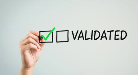 Fototapeta premium Hand Checks Validated Box Success Approval.
