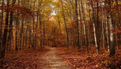 Obraz premium A serene autumnal forest path lined with vibrant fall foliage, bathed in the warm light of late afternoon sun.