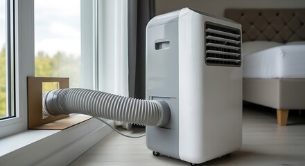Portable air conditioner positioned beside a window with a flexible duct extending outdoors.