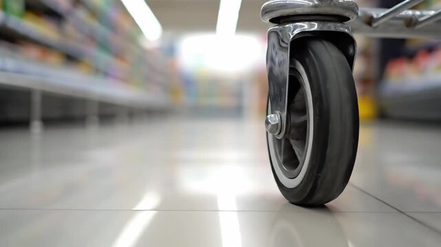 Cinematic Macro Shot Of Shopping Cart Wheel Rolling Across Shiny Supermarket Floor