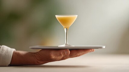 Professional server presenting cocktail glass via digital tablet, capturing modern hospitality service with dynamic stop motion visual, highlighting technological innovation in restaurant industry