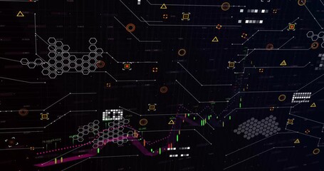 Opening on dark canvas data network linking icons ribbon sweeping bars forming visualizing finance - Powered by Adobe