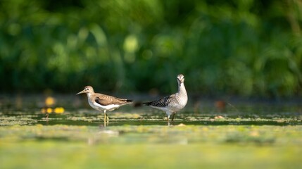 Shorebirds in a tranquil wetland landscape.
