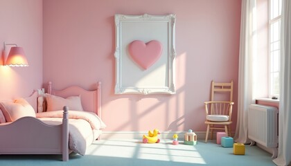 Children room illustration with pastel pink walls, cozy cottage bed. Features prominent heart-shaped wall poster in white frame, soft lighting, scattered toys. Empty room design ideal for baby
