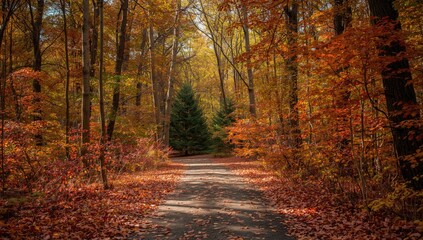 Obraz premium A sun-drenched forest path winds through a vibrant autumn landscape, ablaze with fiery reds, oranges, and golds.