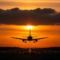A majestic airplane gracefully descends onto a runway at sunset, bathed in warm golden hues.