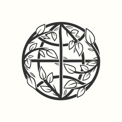 Leaves entwine around a geometric sphere forming a nature inspired logo element