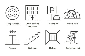Office icons: company logo, building entrance, parking, bicycle rack, elevator, staircase, hallway, exit