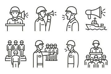 Military communication and leadership icons featuring soldiers and megaphones