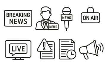 Breaking news icons: microphone, on air, live tv, alert symbols, megaphone