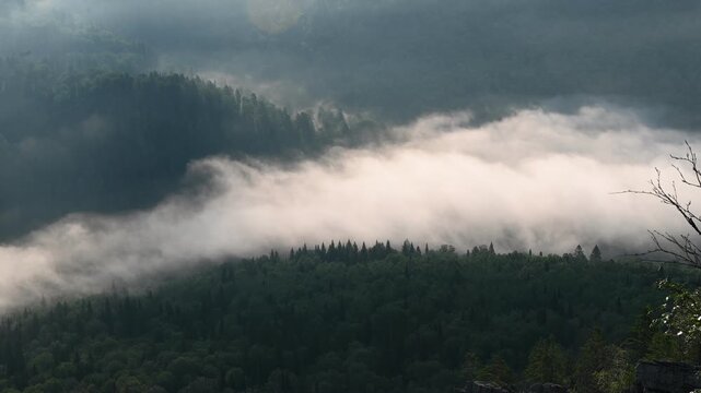 Low clouds flow over a mountain forest, creating a serene atmosphere on a cloudy day in nature's landscape of Aygir, South Ural