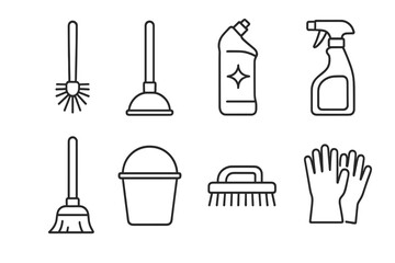 Set of cleaning tools icons: brush, plunger, detergent, spray, broom, bucket, scrub, gloves