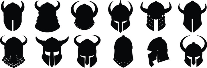 Viking Helmet Silhouette Icons, Horned and Medieval Helmets Vector Pack, Norse Warrior Helmet Graphics