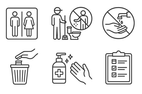 Hygiene and sanitation icons: restroom, cleaning, handwashing, sanitizer, checklist