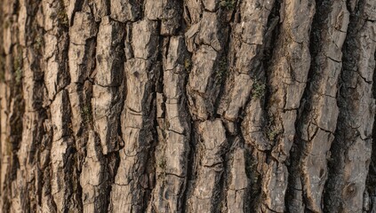 Fototapeta premium Close-up view of deeply textured tree bark, displaying intricate patterns and variations in tones of brown and gray.