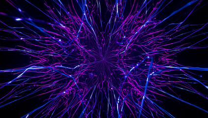 Abstract image of purple and blue light trails radiating from a central point on a black background.