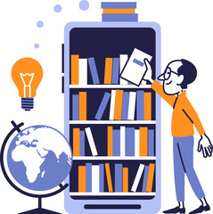 Digital library and online knowledge &mdash; man choosing book from smartphone bookshelf illustration.