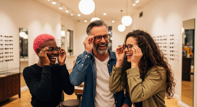 diverse group of people trying on glasses in modern eyewear store. joyful and interactive shopping experience. retail and fashion concept. lifestyle, diversity, group interaction.