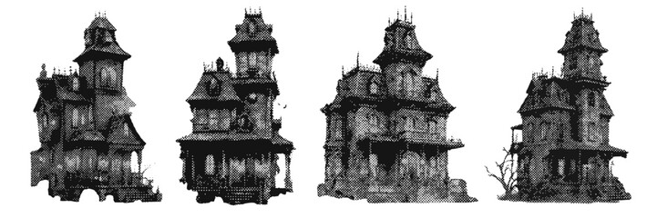Obraz na płótnie Canvas Halftone haunted house illustration for spooky halloween design with vintage grunge texture effect