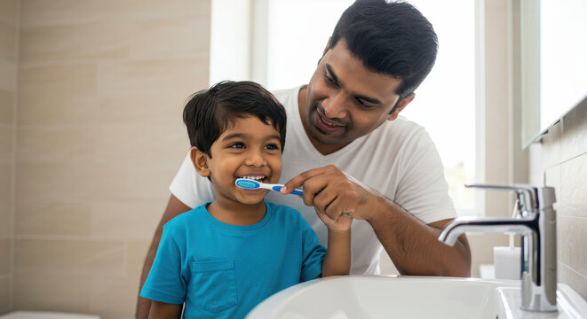young indian boy learning to brush teeth in bathroom with father's guidance. parent-child bonding, morning routine, personal hygiene. family lifestyle, health education. website banner, brochure.
