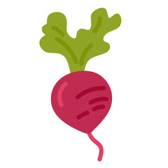A simple, flat-style illustration of a radish with its green leaves, isolated on a clean white background. Perfect for use in designs related to healthy eating, gardening, or educational materials.