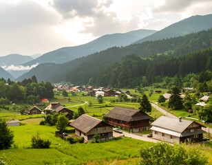 Fototapeta premium Mountain village nestled in valley (12)