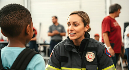 Female firefighter in uniform engages with young boy, sharing knowledge and inspiration in a community event, fostering connections and promoting safety awareness