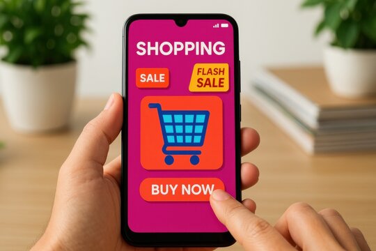 Mobile Shopping Experience with Sale and Buy Now Buttons on Vibrant Colorful Background - Powered by Adobe