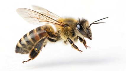 Detailed Honeybee Study: Witness the intricate details of a honeybee in flight, showcasing its wings, delicate legs, and mesmerizing patterns, a testament to nature's exquisite design.