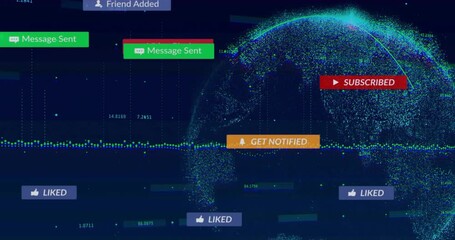 Showing blue UI with floating data points, dot matrix globe rotating social, media alerts orbiting