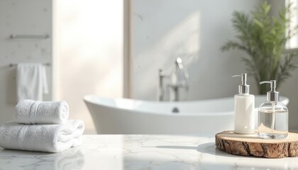 Fototapeta premium Clean white bathroom interior features marble tabletop ideal for product display, with fluffy towels, soap dispensers, blurred bathtub background. Natural light enhances serene spa-like atmosphere