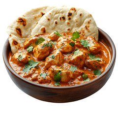 Chicken tikka masala curry with naan bread in bowl isolated on transparent background