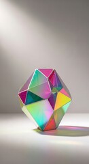 A vibrant, multifaceted gem-like sculpture commands attention with its array of iridescent colors and sharp geometric forms.