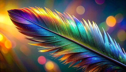 A hyper-realistic, macro shot of a single, glistening hummingbird feather, the individual barbs catching light to create a prismatic spectrum.